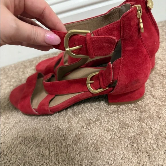 Bettye Muller Red Suede Sandals | Block Heel w/ Double Buckle & Zip | 1.5” Heel - Picture 6 of 9